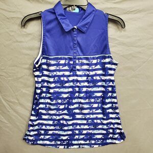 PGA Tour golf Womens Tank top Size M Blue Floral Stripes Sleeveless Button